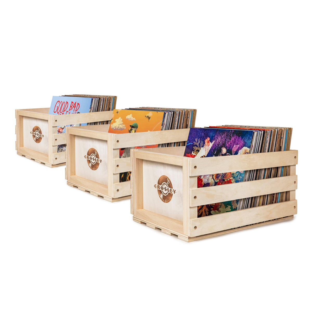 Crosley crate front view showing natural wood and easy access, ideal for organized vinyl storage