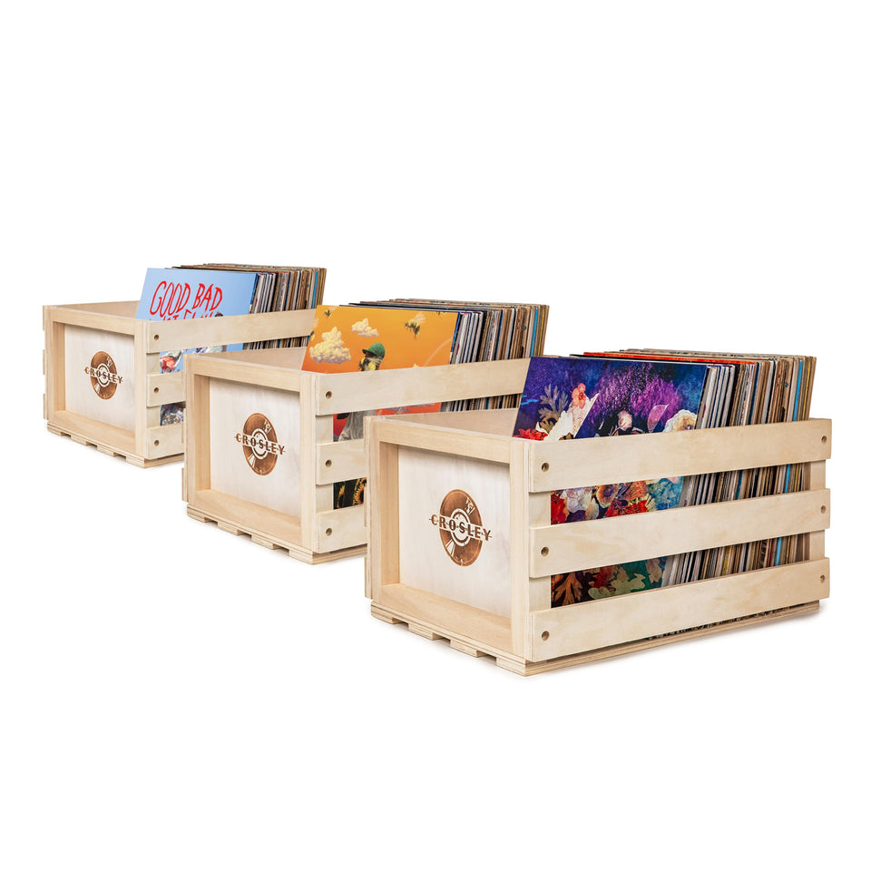 Crosley crate front view showing natural wood and easy access, ideal for organized vinyl storage