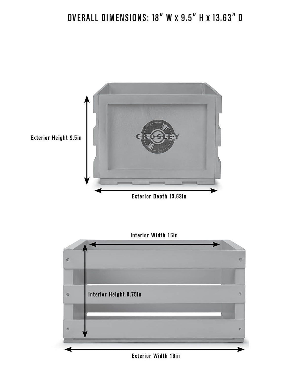 Crosley crate next to vinyl for scale, shows dimensions and fits 12-inch LP sleeves