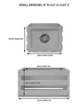 Crosley crate next to vinyl for scale, shows dimensions and fits 12-inch LP sleeves