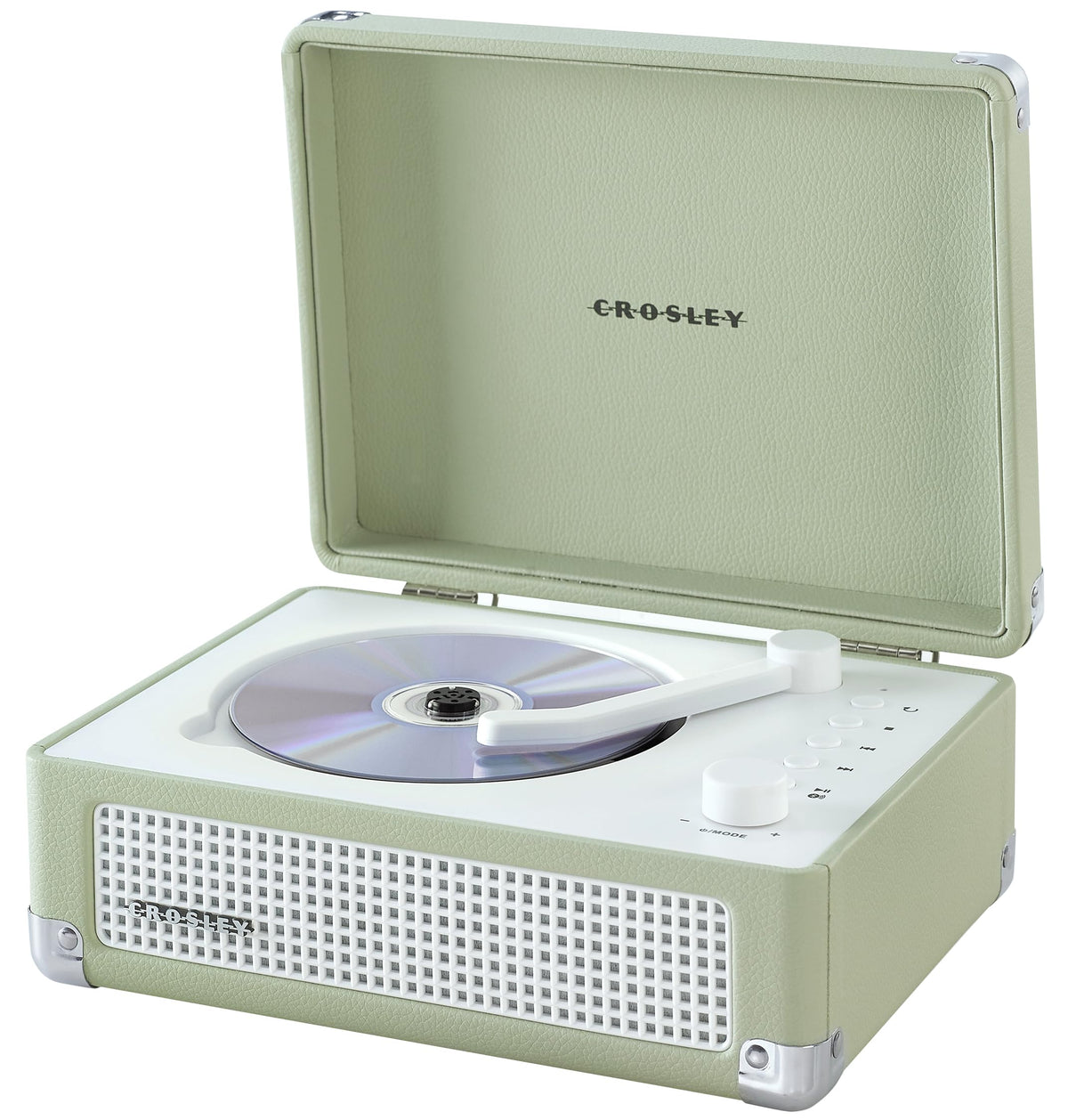 Crosley Cruiser CD tray open showing disc loading convenience and clear controls