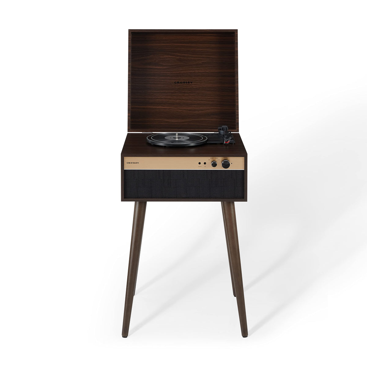 Crosley Jasper 3-speed turntable in walnut finish enhances living room ambiance and vinyl listening.