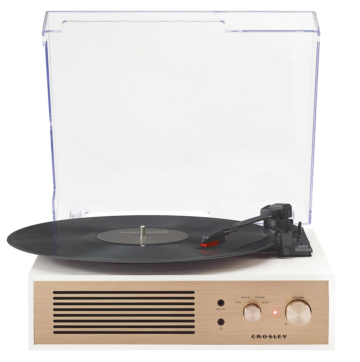 Crosley Miles 3-speed belt-drive front view, crème finish, ideal for vinyl lovers.