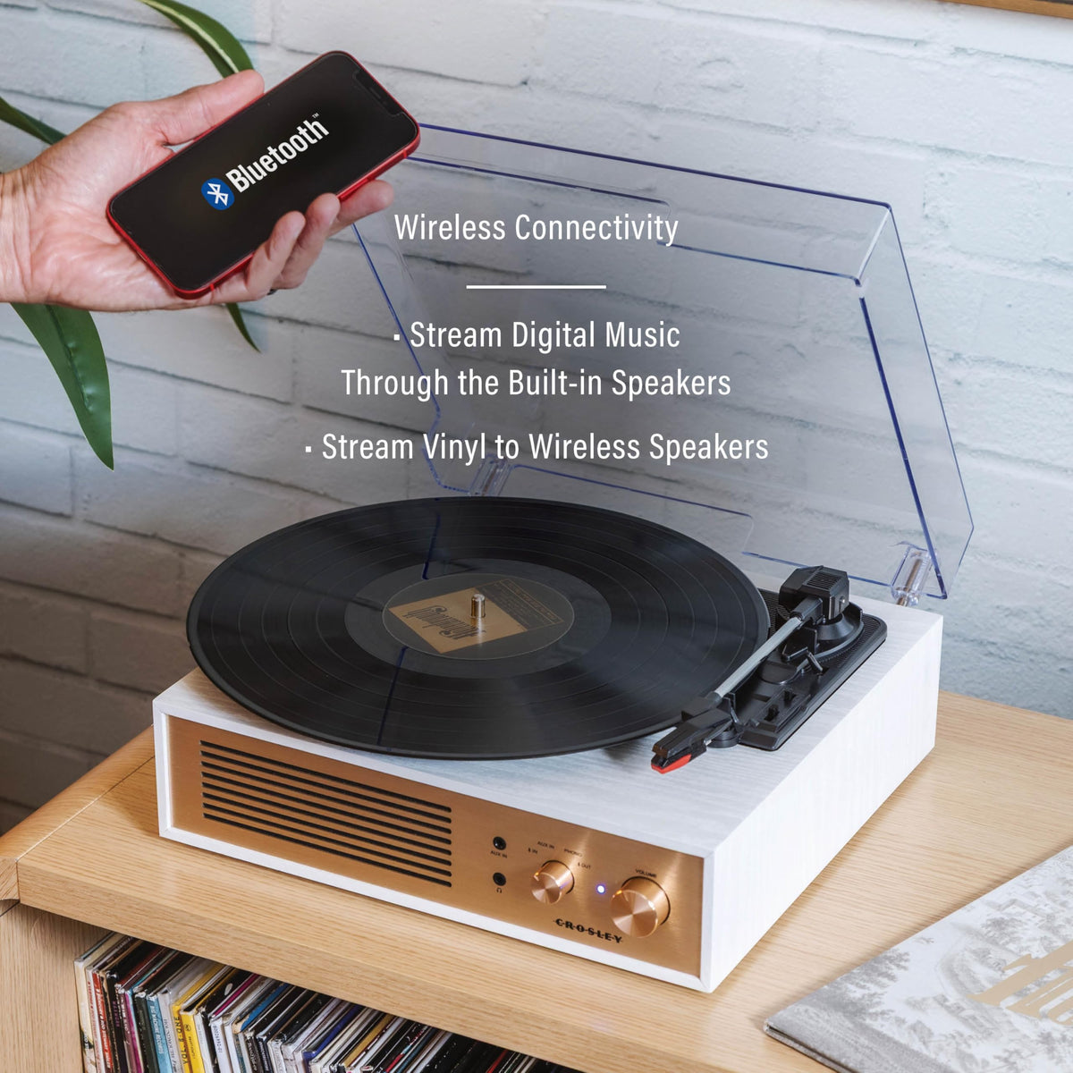 Crosley Miles brushed-gold wood design adds vintage charm to any room.