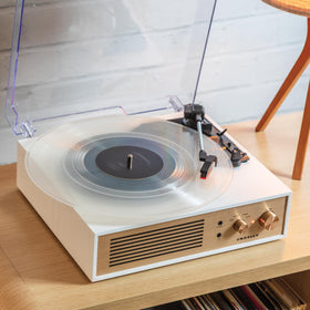 Crosley Miles built-in speakers closeup delivering warm, room-filling sound.