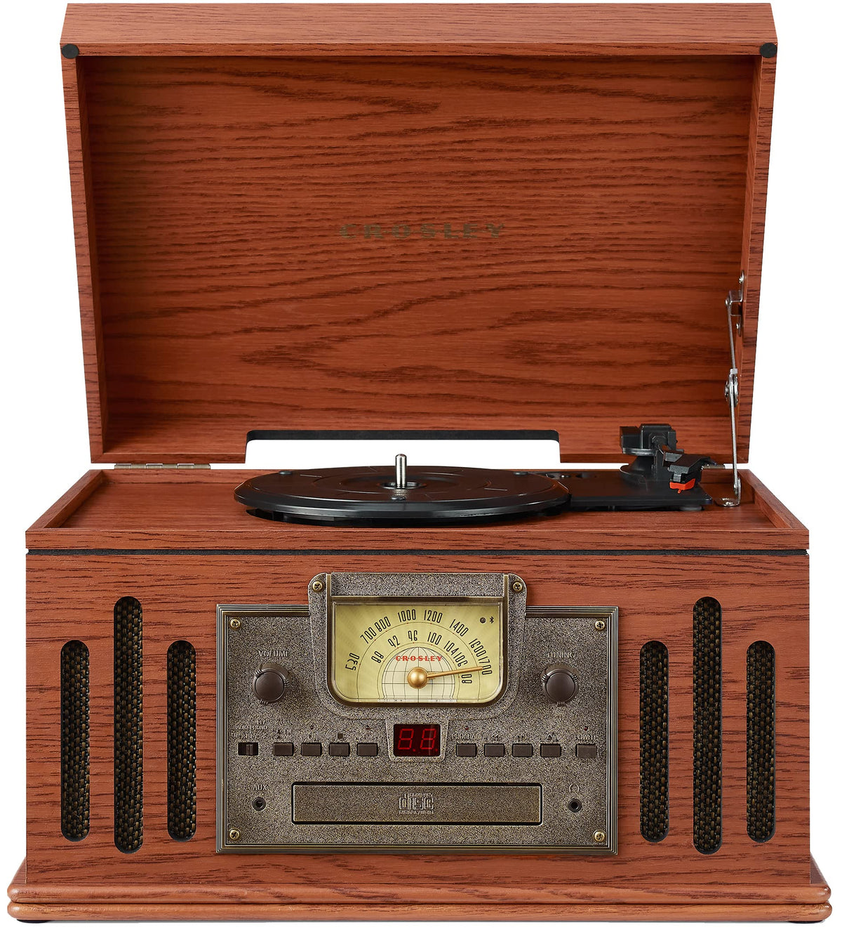 Crosley Musician 3-speed turntable inside a retro paprika cabinet for vinyl playback