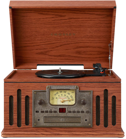Crosley Musician 3-speed turntable inside a retro paprika cabinet for vinyl playback