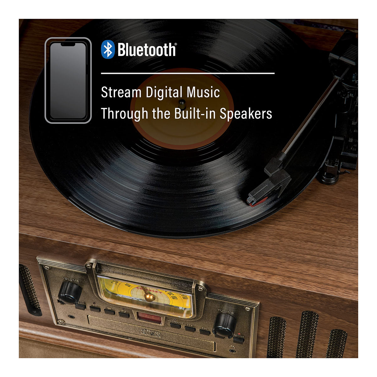 Crosley Musician built-in stereo speakers delivering rich sound