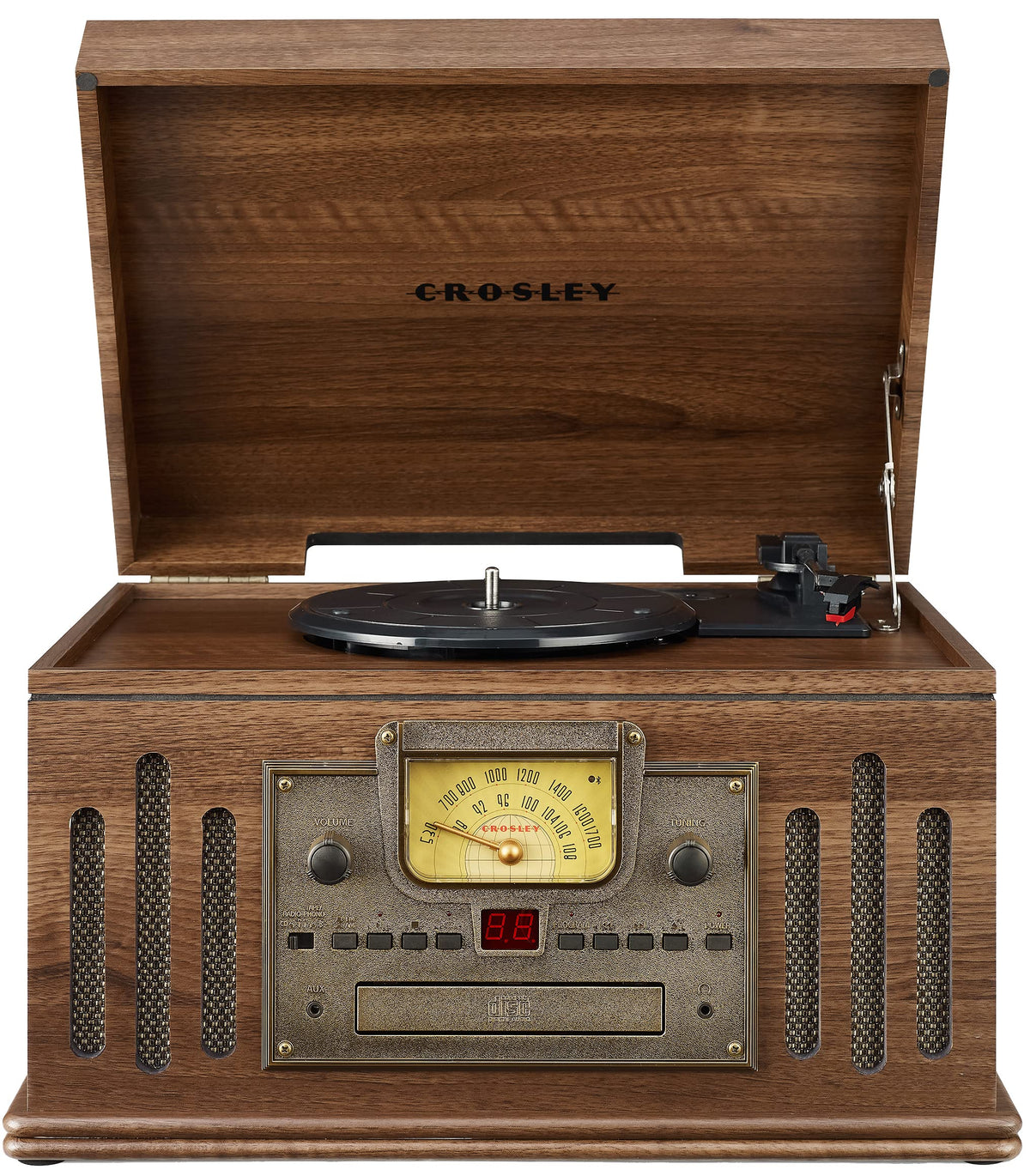 Crosley Musician turntable in walnut cabinet with vintage-modern look