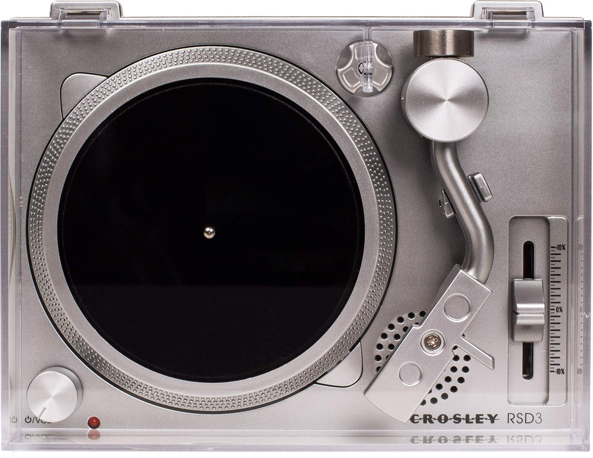 Crosley RSD3 with clear dust cover closed protecting mini records from dust