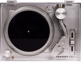Crosley RSD3 with clear dust cover closed protecting mini records from dust