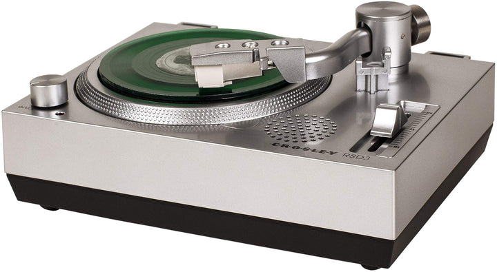 Crosley RSD3 front view in silver showing controls and speaker for instant playback