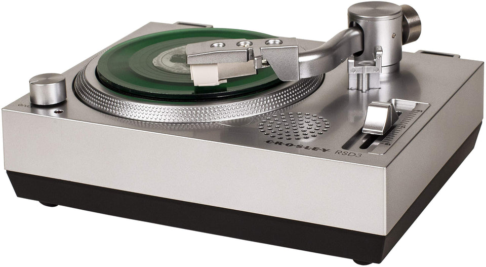 Crosley RSD3 front view in silver showing controls and speaker for instant playback