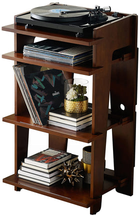 Crosley Soho stand top view with mahogany finish and turntable support.