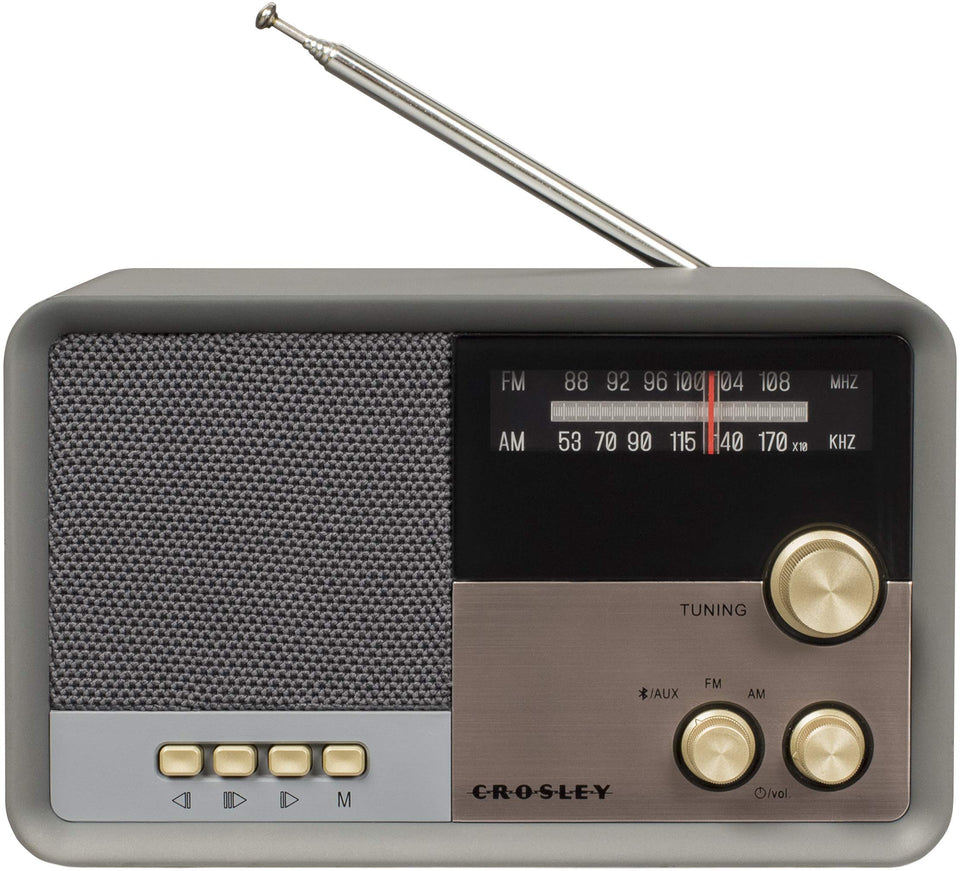 Crosley Tribute front view showing charcoal finish and retro styling, enhances room decor