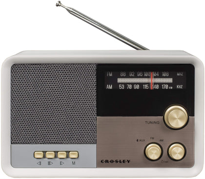 Crosley Tribute front view in white sand showing vintage styling and clear controls for elegant display