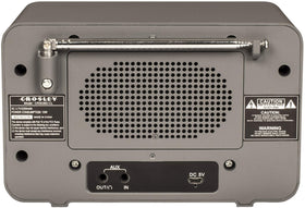 Crosley Tribute detail of headphone jack and aux port, enables private and wired listening