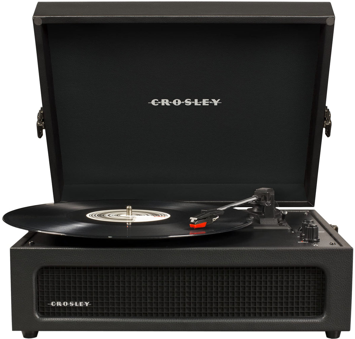 Crosley Voyager front view turntable in black with portable design for on-the-go listening