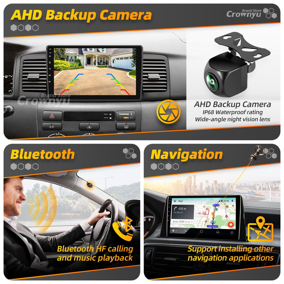 Crownyu GPS navigation display with large maps for safer routing.