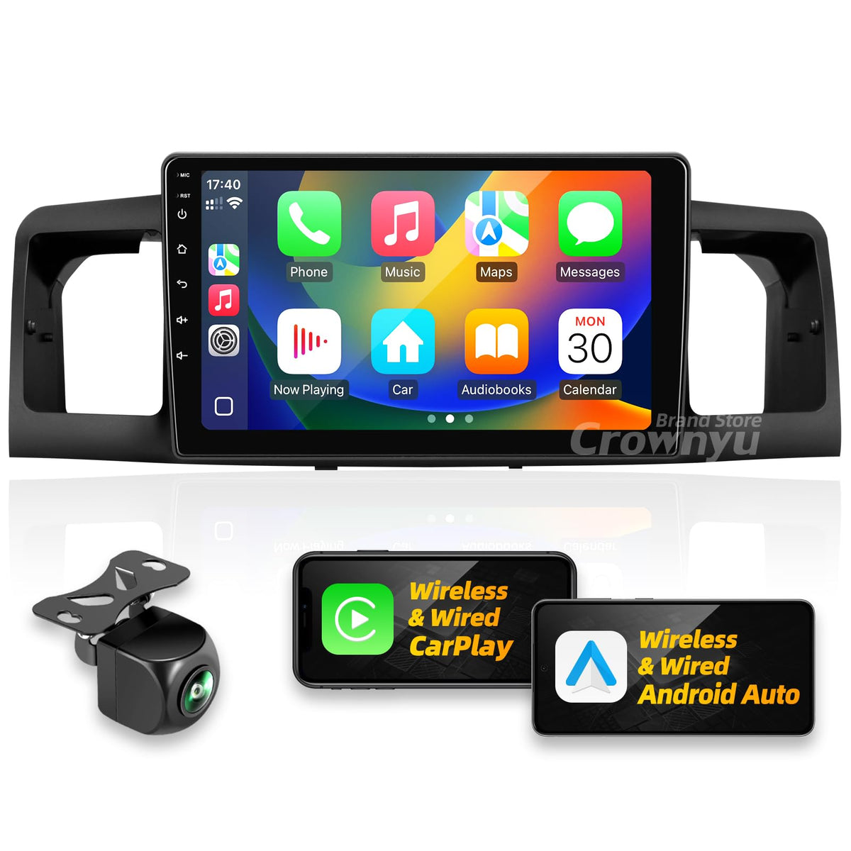 Crownyu head unit front view for Toyota Corolla 2004-2008 showing sleek dash integration.