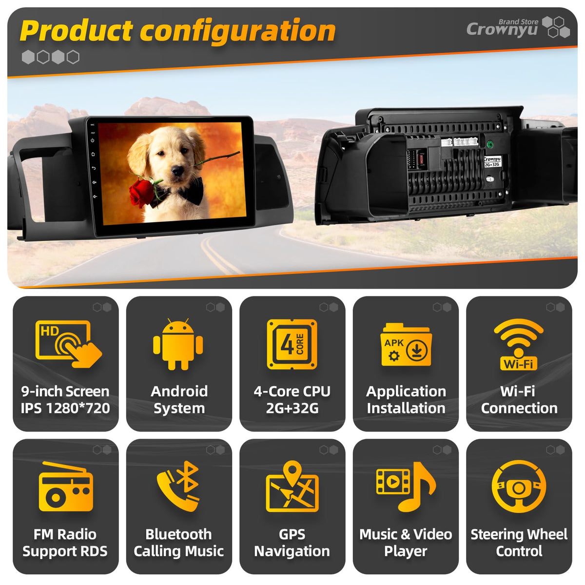 Crownyu wireless CarPlay display emphasizing hands-free connectivity on the road.