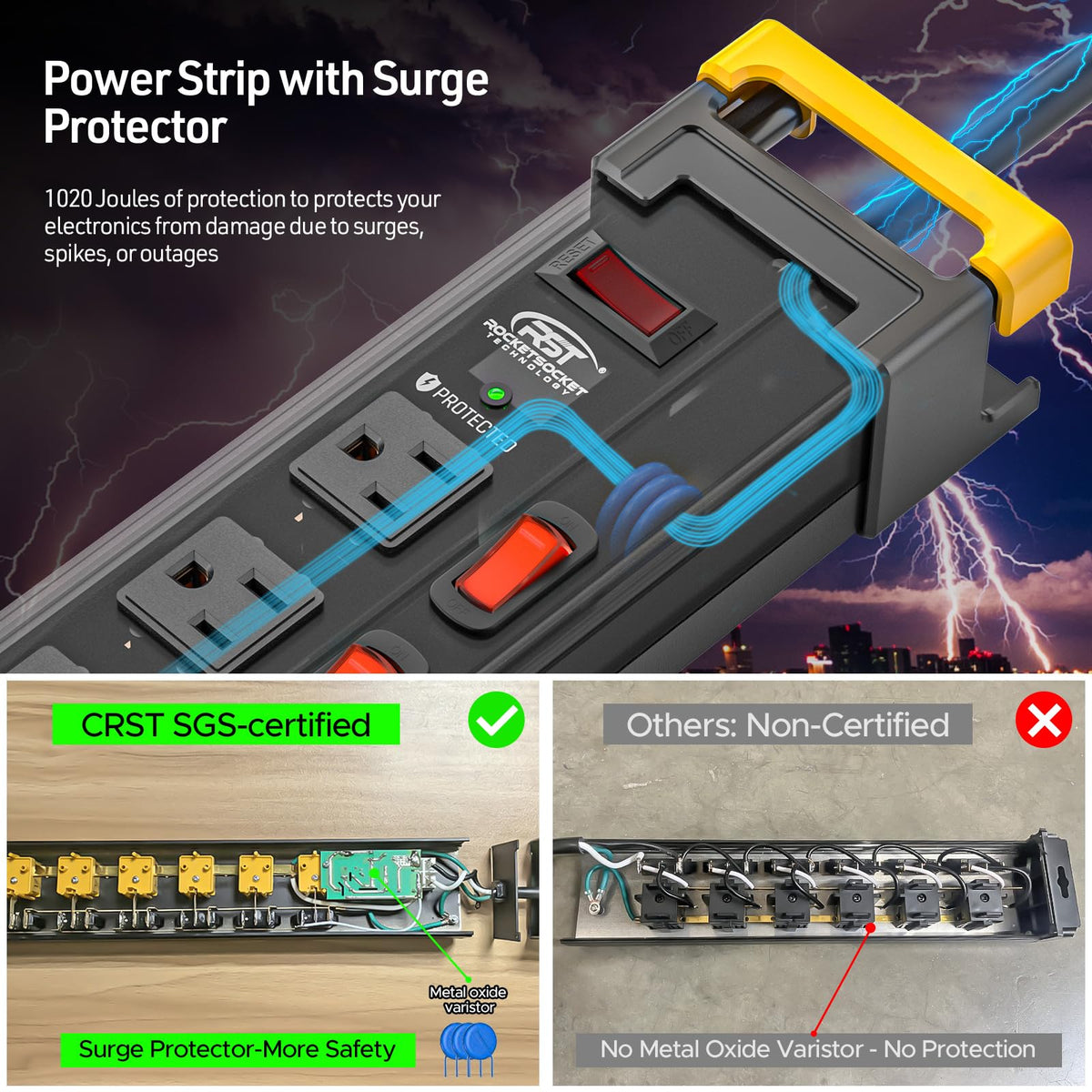 CRST 1020-joule surge protector highlights surge protection for electronics.