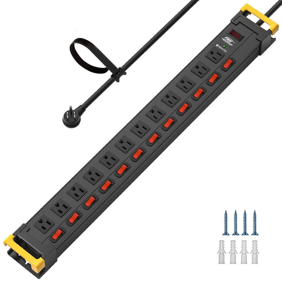 CRST 12-outlet power strip with switches enables precise device control on busy desks.