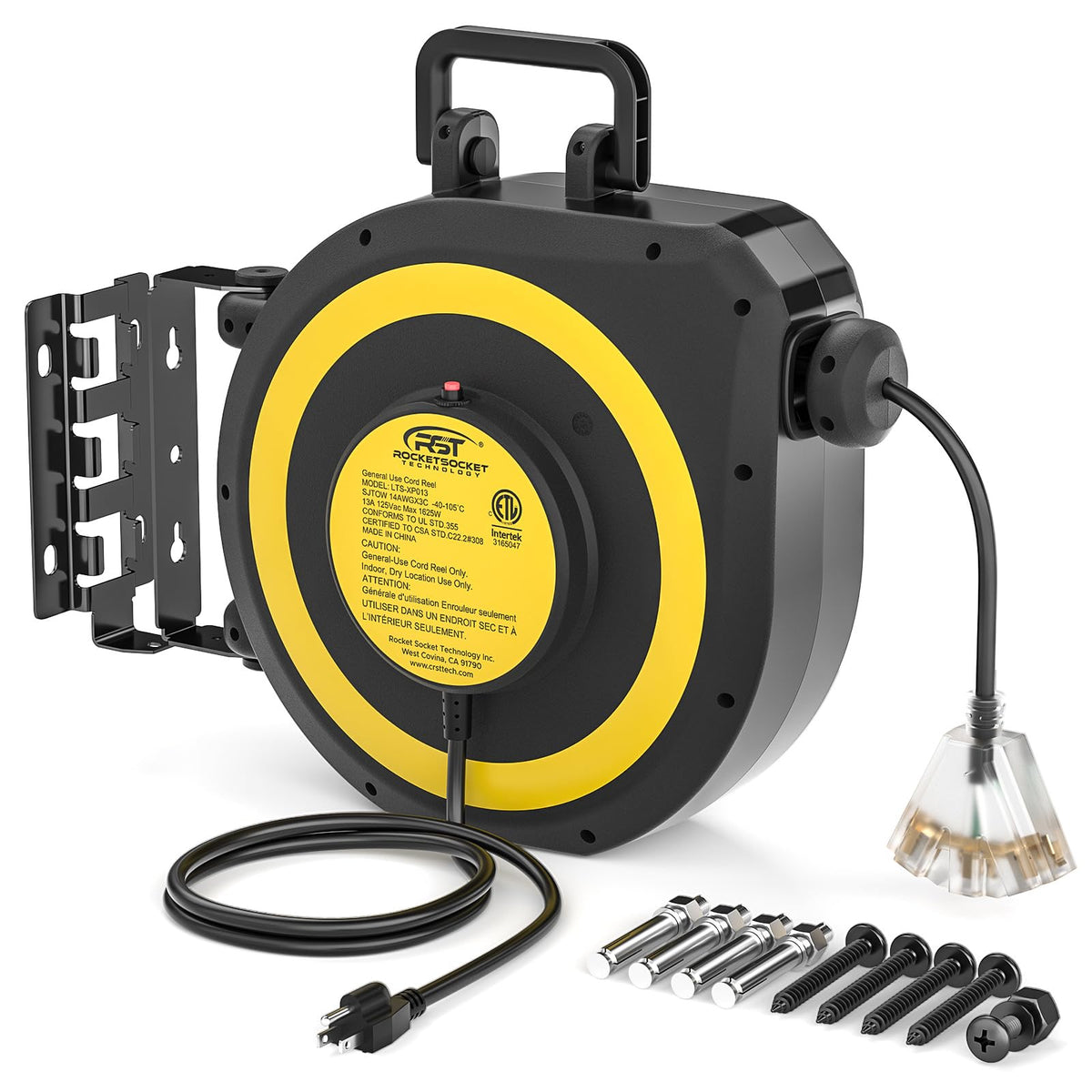 CRST 50ft retractable cord reel in workshop for organized power access.