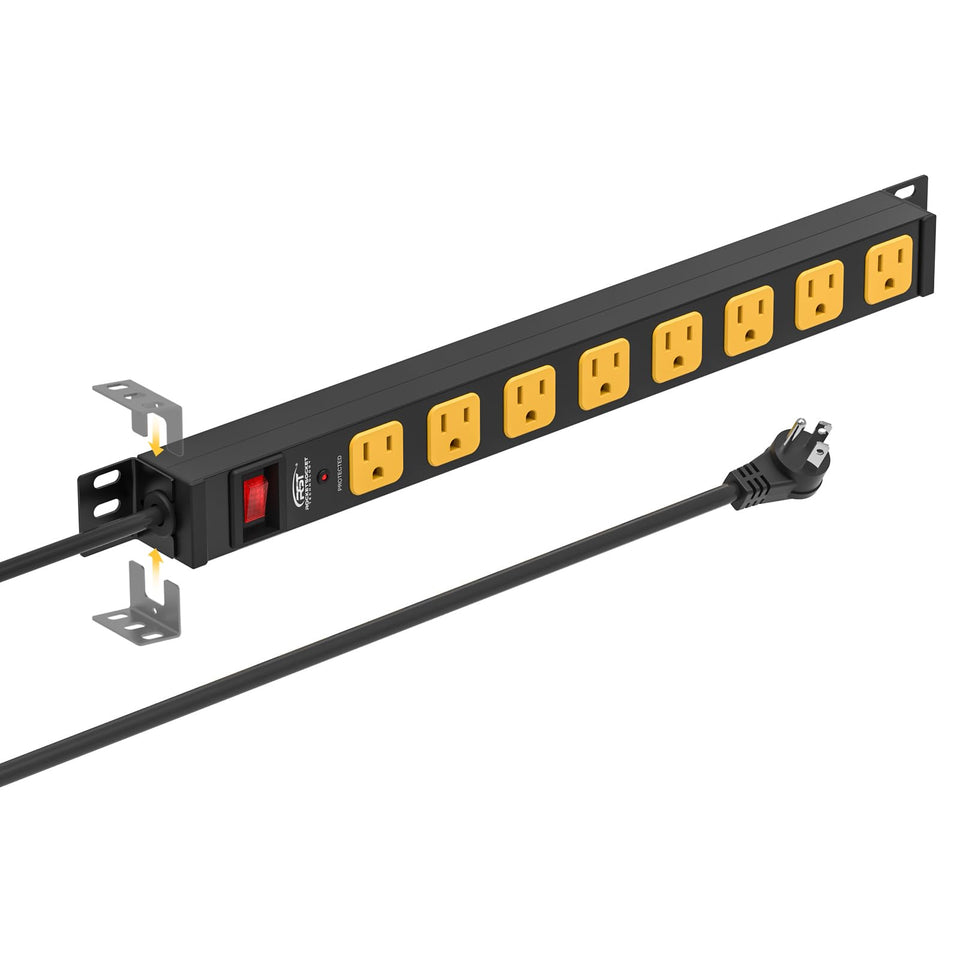 CRST 8-outlet power strip with metal housing, ideal for wall mounting and organized desks.