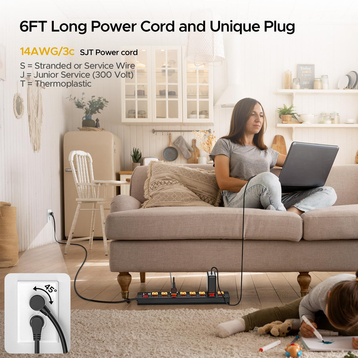 CRST 6ft cord and flat 45° plug detail, fits tight wall spaces conveniently