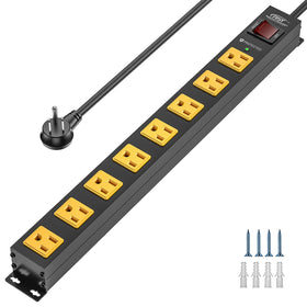 CRST front view of metal power strip showing eight outlets and sturdy build benefits organized power