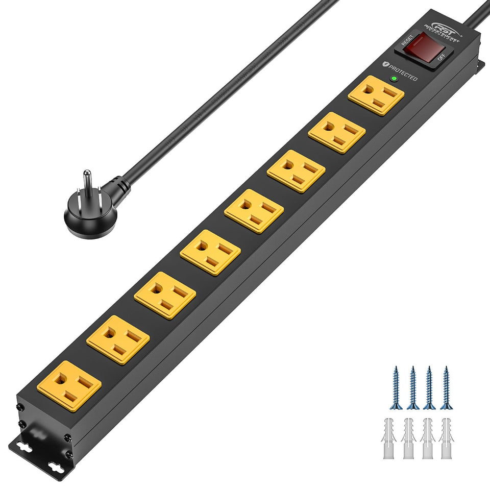 CRST front view of metal power strip showing eight outlets and sturdy build benefits organized power