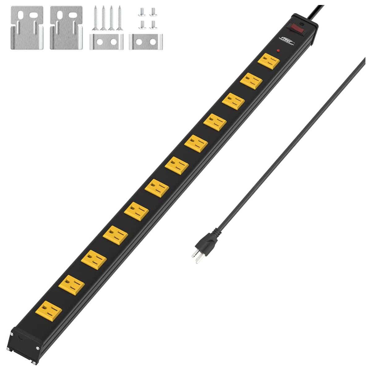 CRST front view metal power strip showing 12 outlets and durable design for reliable power