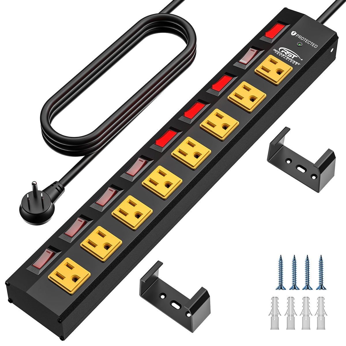 CRST front view metal power strip showing all eight outlets and master switch, organizes power