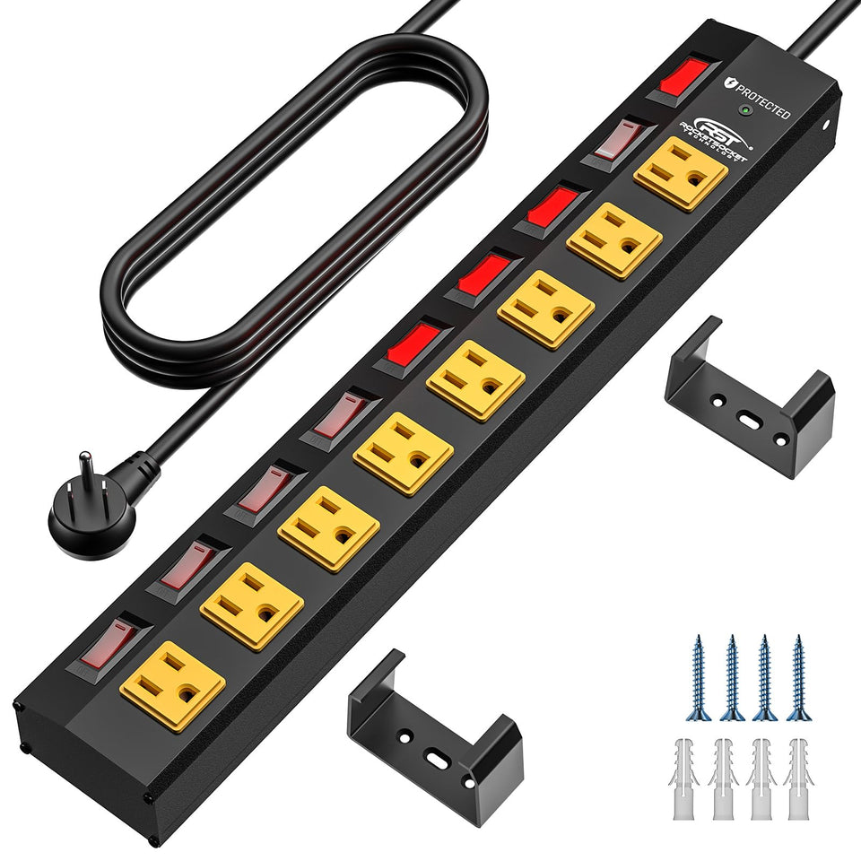 CRST front view metal power strip showing all eight outlets and master switch, organizes power