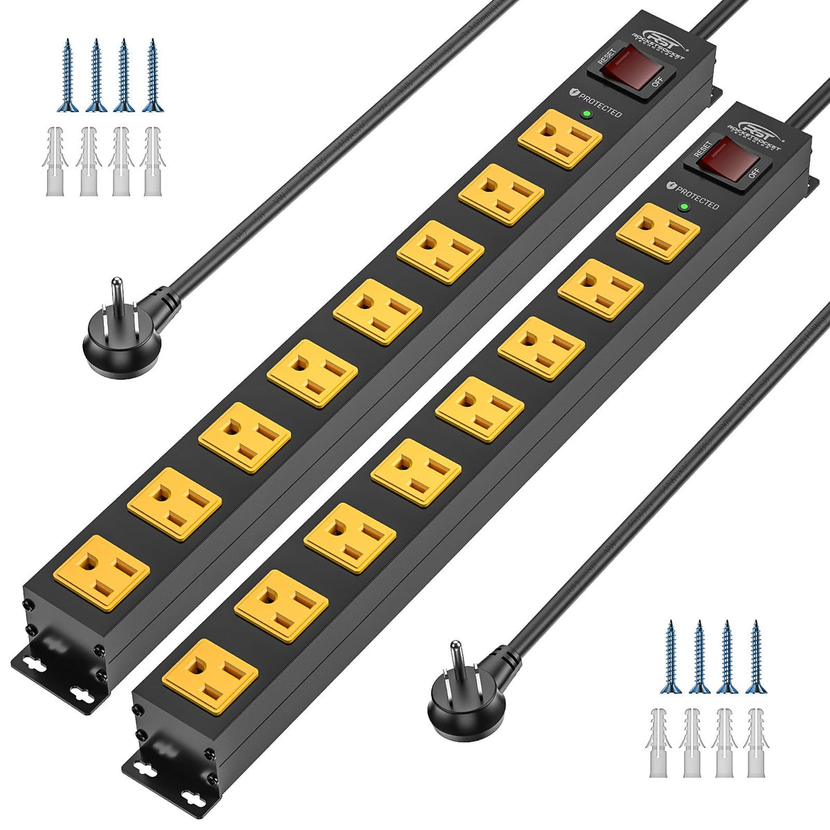 CRST front view metal power strip showing eight outlets and switch, durable protection