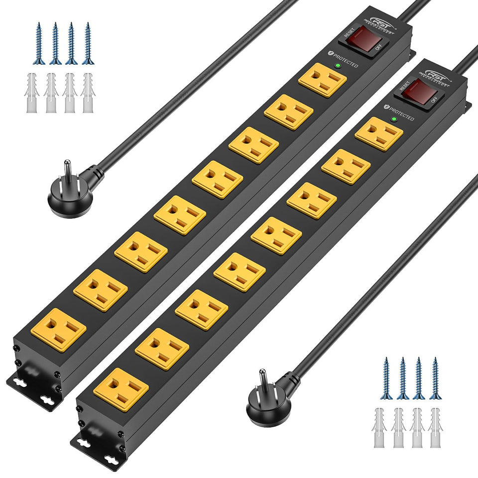 CRST front view metal power strip showing eight outlets and switch, durable protection