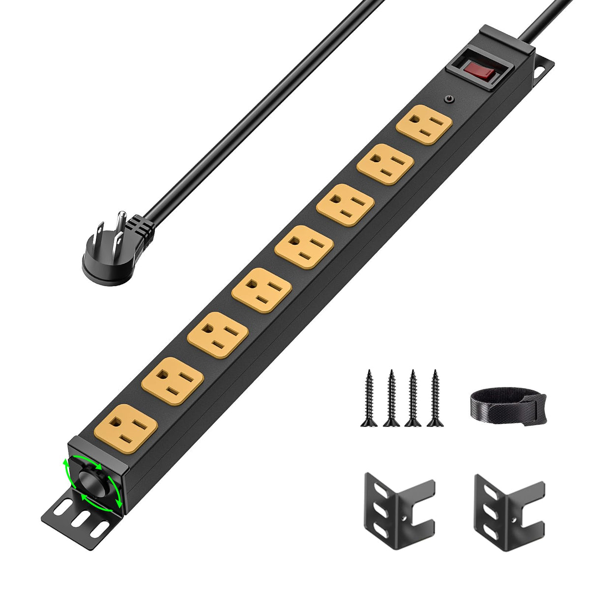 CRST front view of metal power strip showing eight outlets for organized power