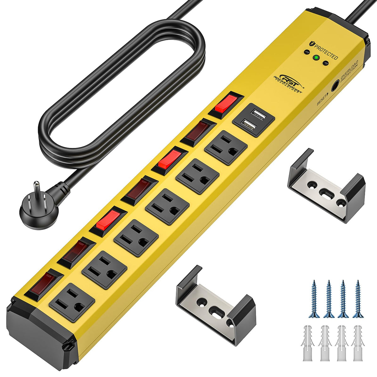 CRST front view of metal power strip showing six outlets and two USB ports, clear organization benefit