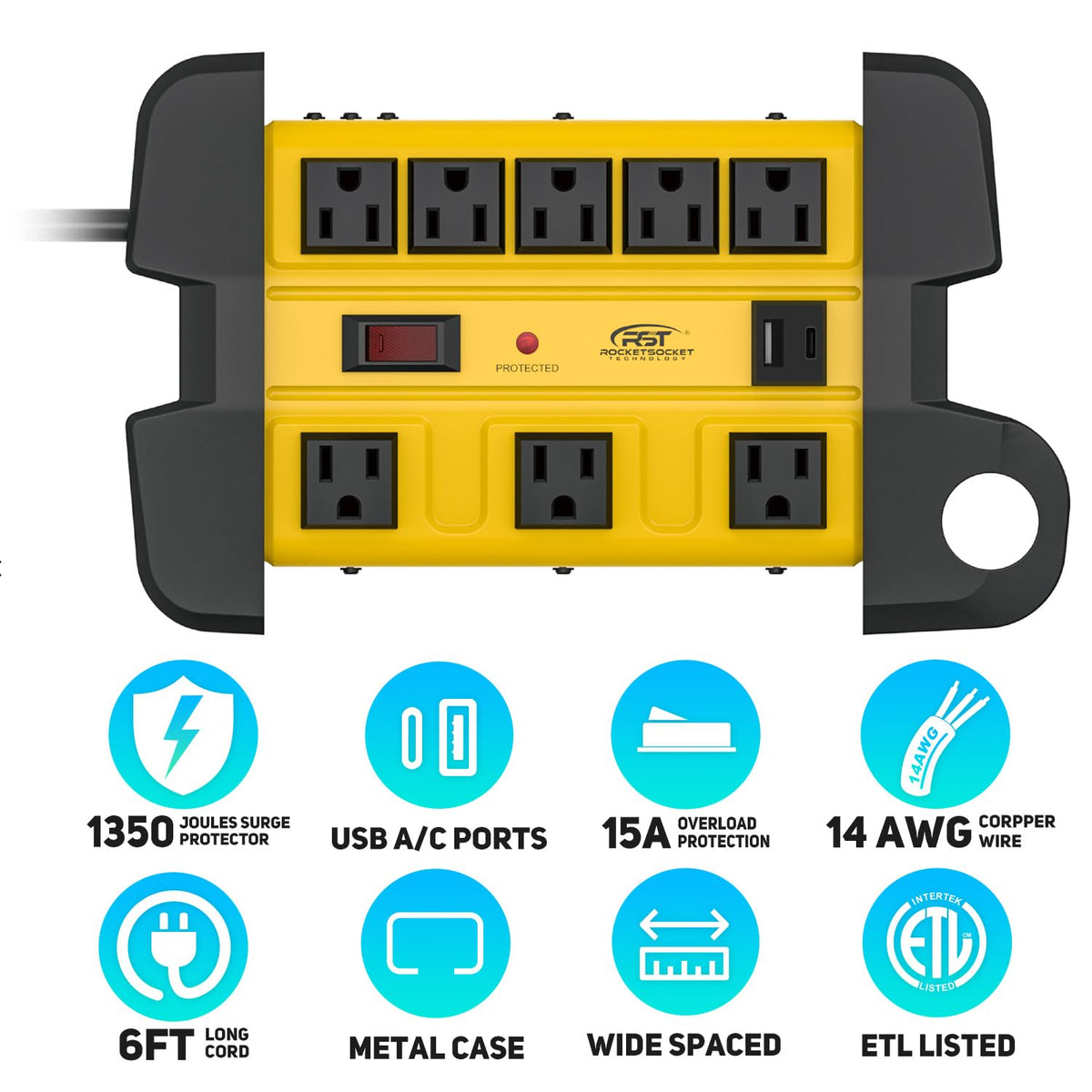 CRST heavy-duty surge protector 6-foot cord for flexible reach in workshop.