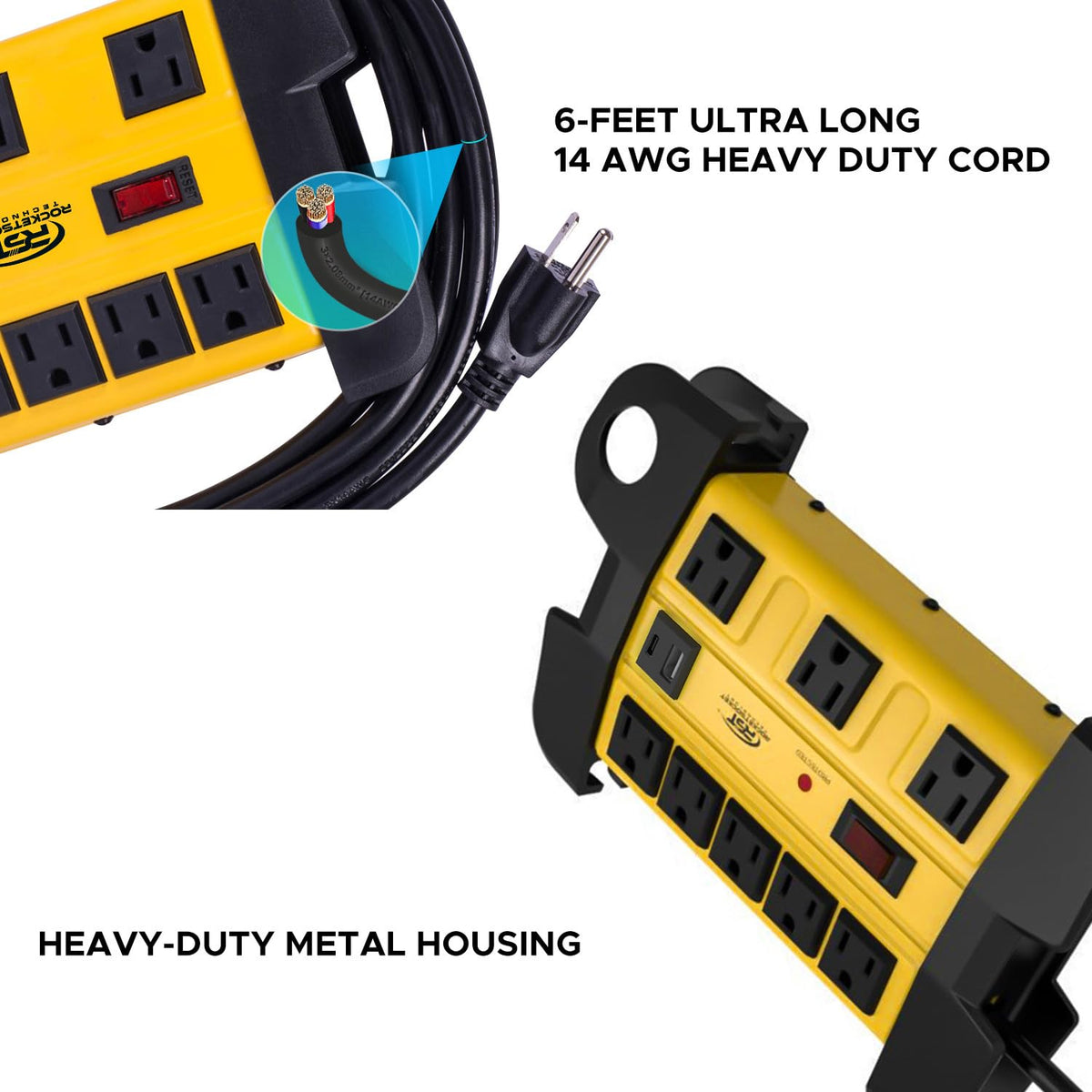 CRST heavy-duty surge protector with two USB ports for charging devices.