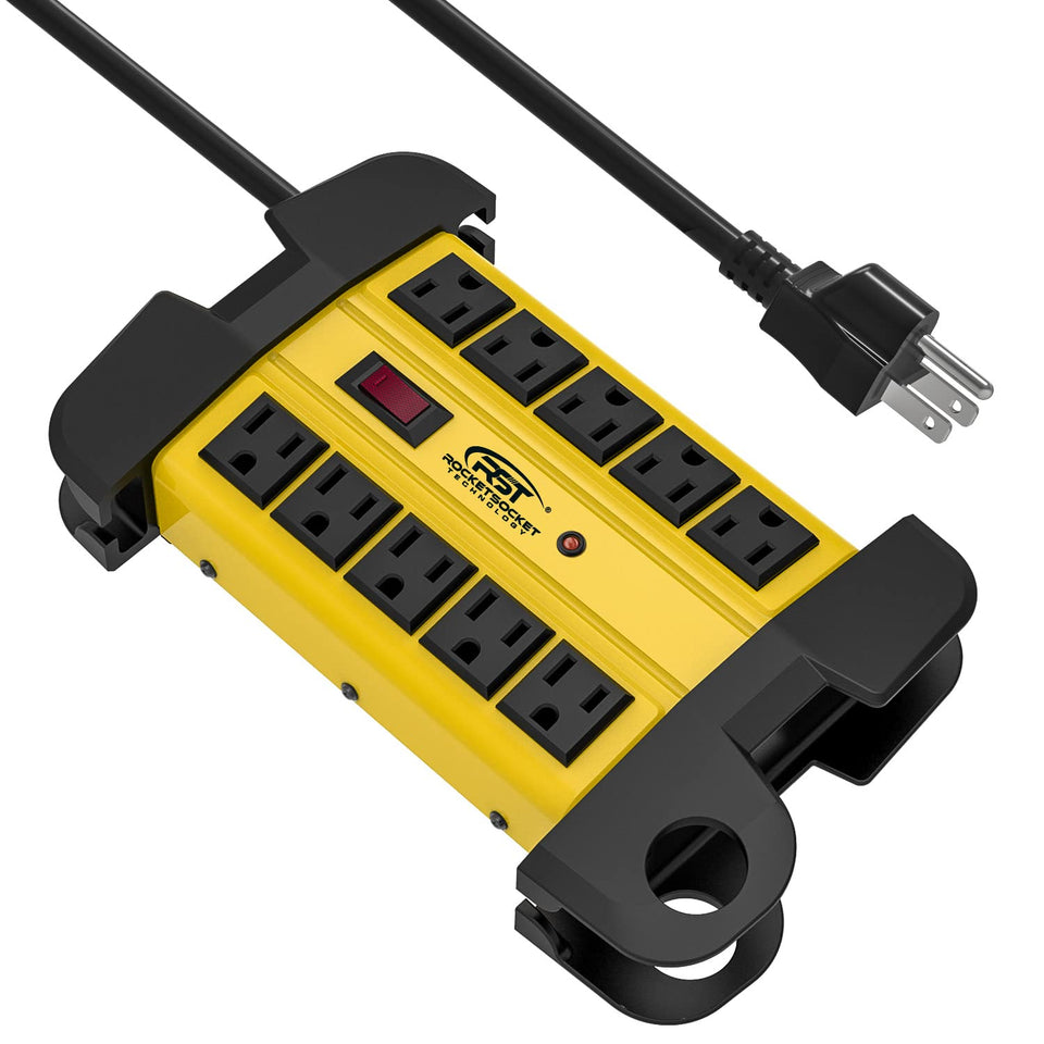 CRST metal power strip front view showing robust housing and ten outlets for reliable distribution