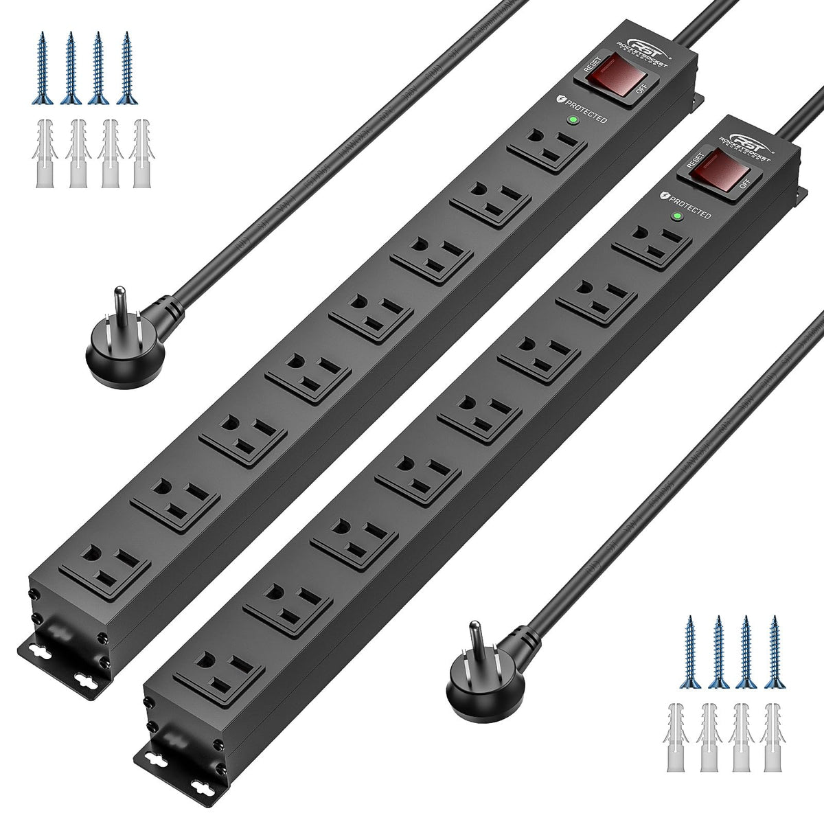 CRST metal power strip front view showing eight outlets and switch for durable organization