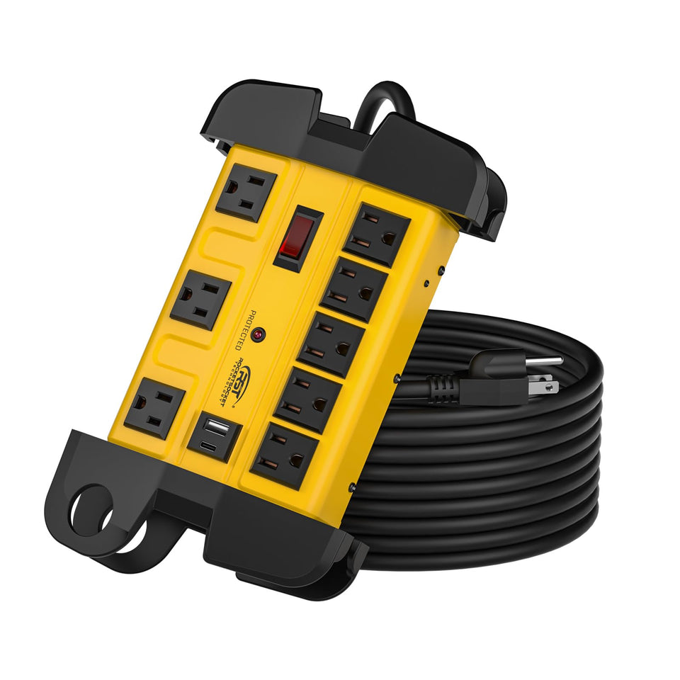 CRST metal power strip front view showing outlets and rugged housing benefit durable power distribution