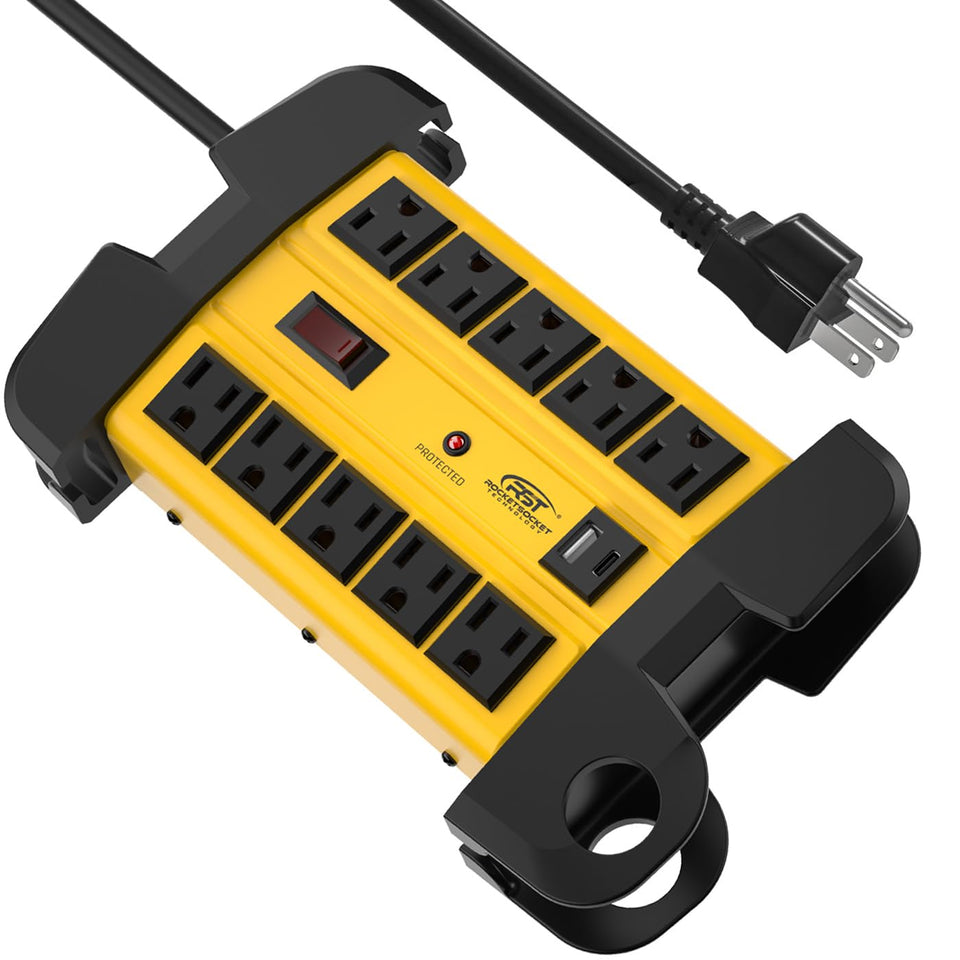 CRST power strip front view showing ten outlets and durable metal housing for secure power