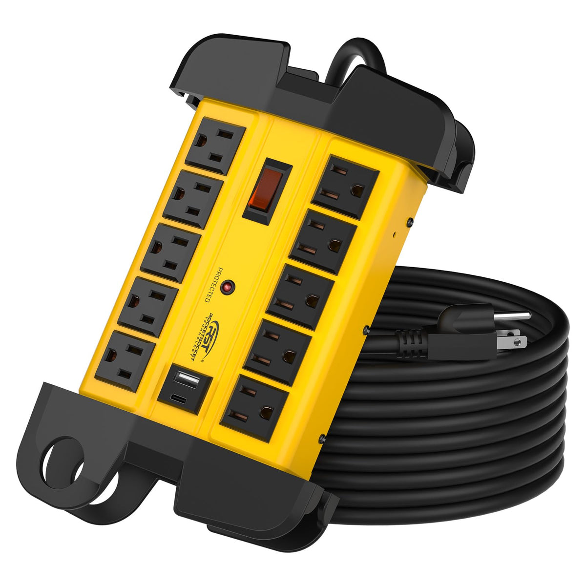 CRST power strip front view showing 10 outlets and USB ports, durable power
