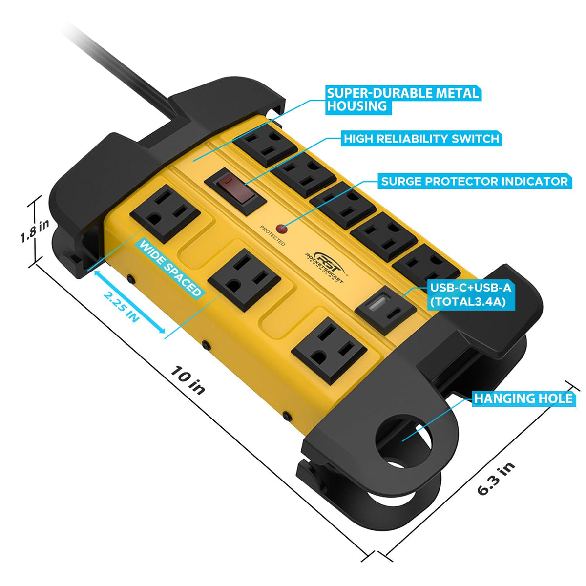 CRST surge protector mounted on wall back for tidy cable management.