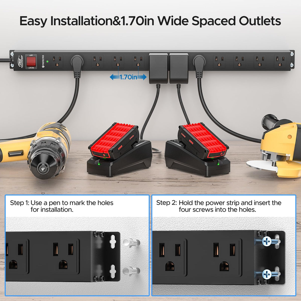 CRST wide-spaced outlets detail demonstrating room for bulky adapters and convenience