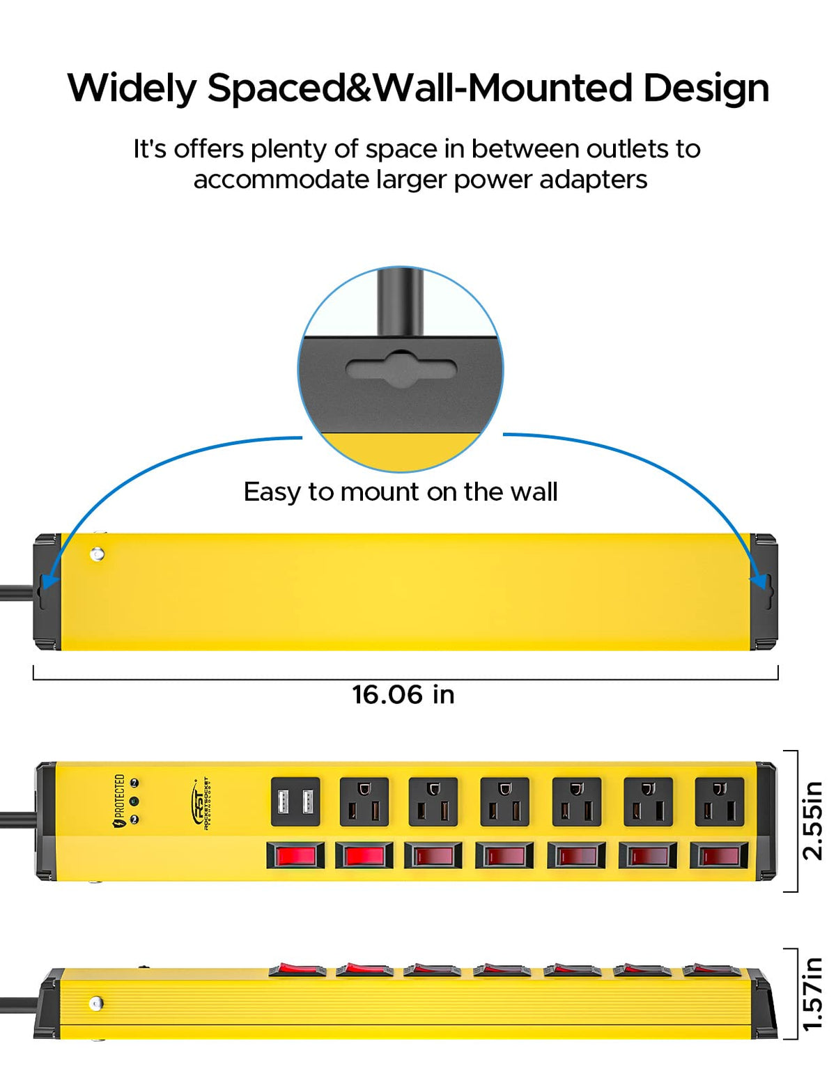 CRST wide-spaced outlets with a bulky adapter demonstrating fit for large plugs