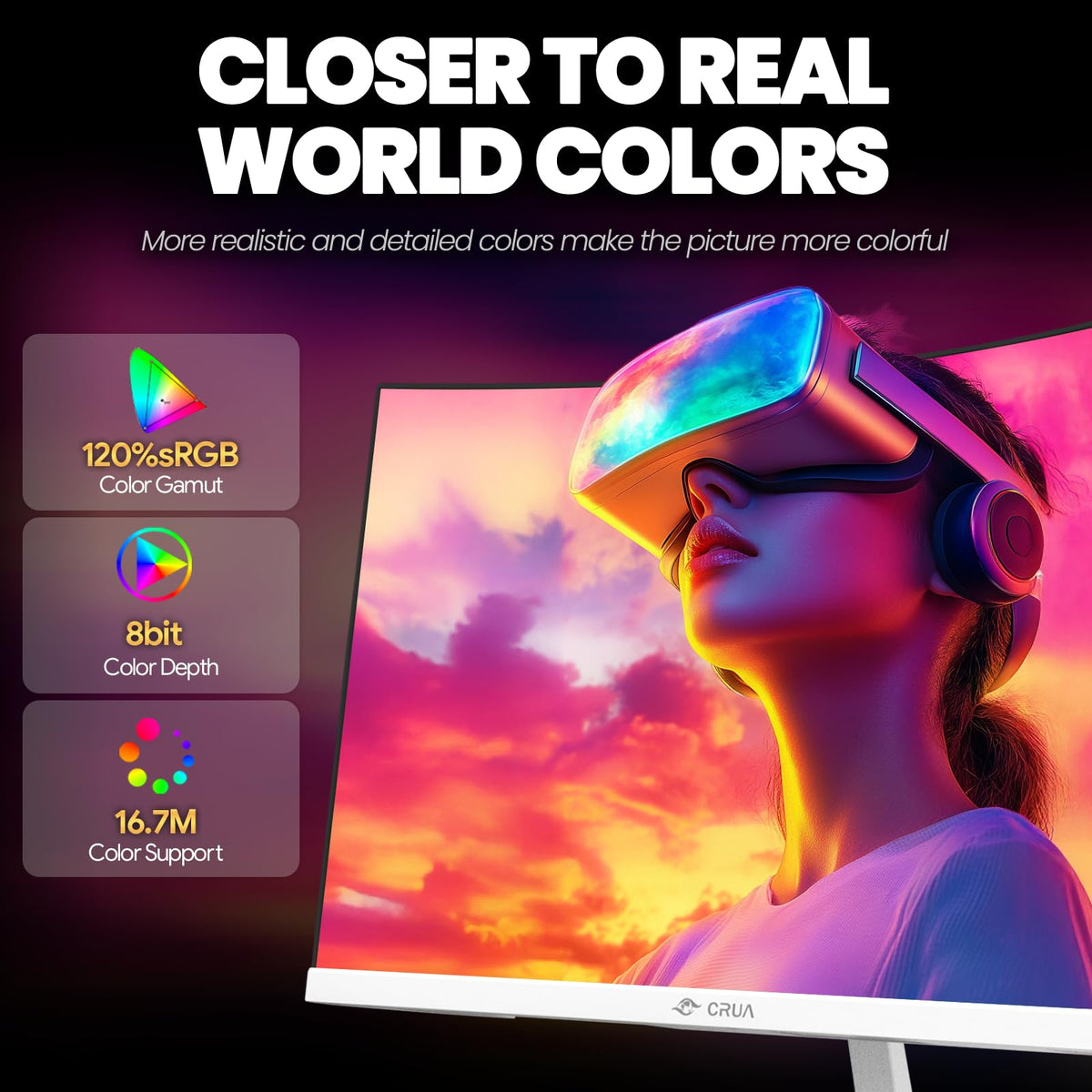 CRUA monitor showcases vibrant colors with 120% sRGB for accurate visuals.